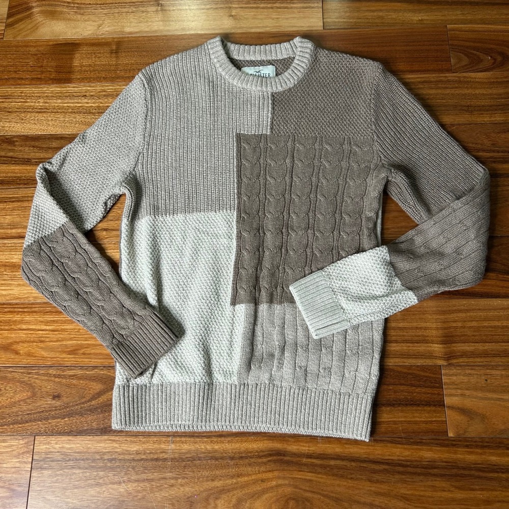 Hollister Sweater Mens Size M‎ Tan Beige Brown Color Block Cable Knit Crew Neck